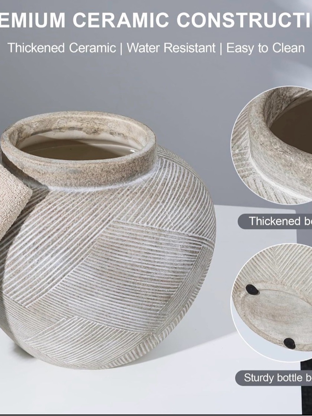 Ceramic Textured Vase - Beige White Home Art Decor